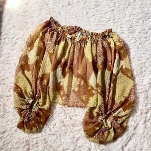 Patchwork Off Shoulder Oversized Sheer Whimsical Hippie Boho Crop Top Womens M